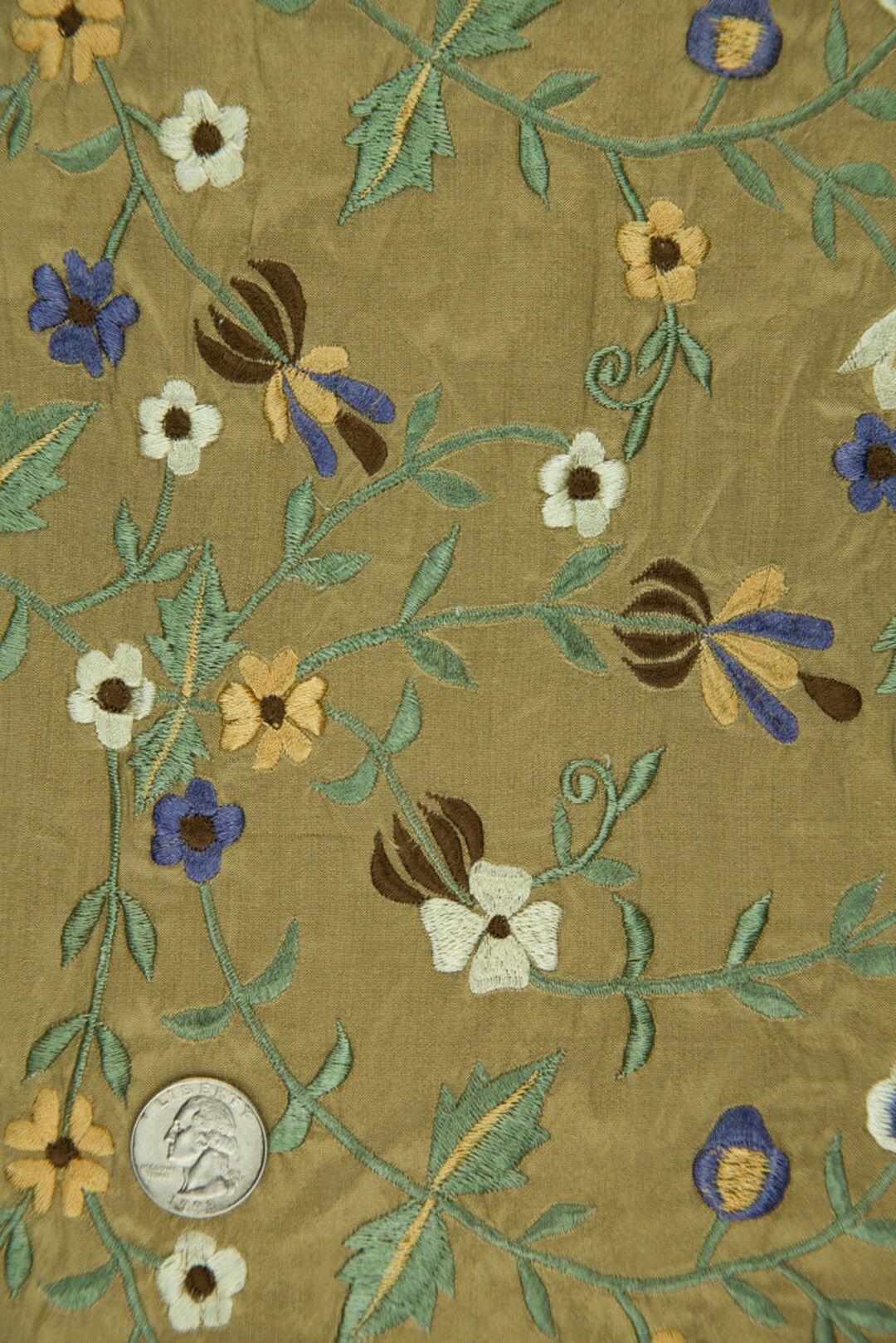 Khaki/Multicolor Embroidered Dupioni Silk MED-210/6