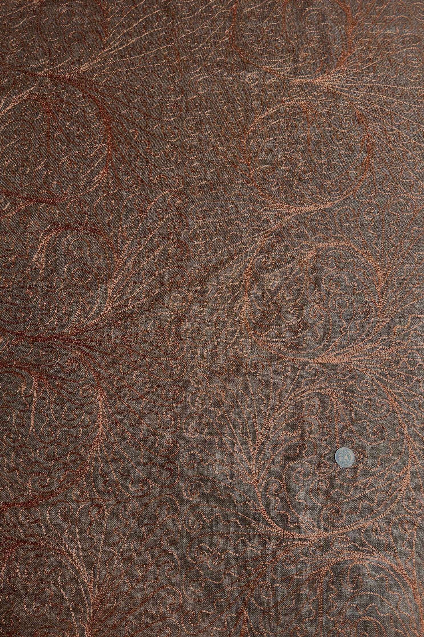 Khaki Embroidered Silk Linen MEMT-017-B main image 1
