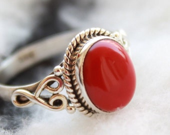 Anel de Coral Vermelho | Anel em Prata de Lei 925 | Anel com Gema de Coral Natural | Anel em Prata de Lei 925 Maciça | Anel Boho Hippie | Anel Unissex