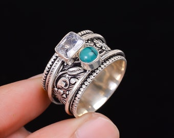 925 Sterling Silver Spinner Ring | Turquoise And Cubic Zirconia Spinner Ring | Fidget Ring | Anti-Anxiety Ring | Meditation Ring |Thumb Ring