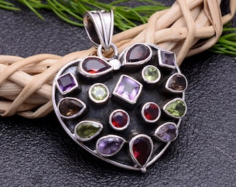 Ciondolo multi pietra naturale / Ciondolo in argento sterling 925 / Ciondolo in pietra preziosa / Ciondolo in argento a forma di cuore / Ciondolo delicato / Regalo di nozze