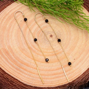 925 Sterling Silver Gold Plating Thread Earrings | Black Onyx Thread Earrings | Long Chain Thread Earring |Black Onyx Earrings |Gift For Her