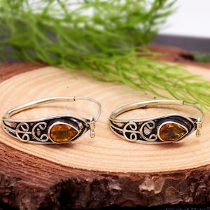 925 Sterling Silver Citrine Earrings | Hoop Earring | Sterling Silver Earrings | Citrine Jewelry | Natural Gemstone Earrings | Gift For Her