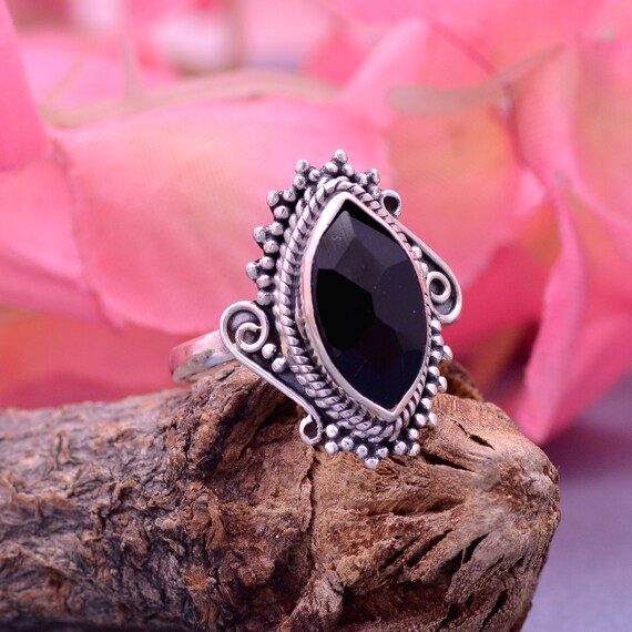 Natural Black Onyx Ring 925 Sterling Silver Ring Marquise Onyx