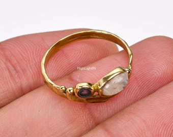 Amethyst & Rainbow Moonstone Gemstone Ring | Gold Polished Silver Ring | Dainty Ring | Antique Design Ring | Statement Ring |925 Silver Ring
