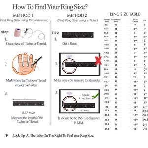 May include: An instructional infographic titled How To Find Your Ring Size? featuring two methods for measuring. Method 1 uses twine and a ruler. Method 2 uses a ruler to measure the inner diameter of a ring. A ring size table lists diameter, circumference, and USA/Canada and UK sizes.