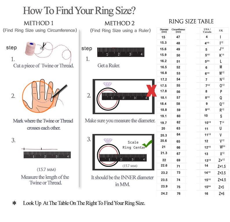 May include: An instructional infographic titled How To Find Your Ring Size? featuring two methods for measuring. Method 1 uses twine and a ruler. Method 2 uses a ruler to measure the inner diameter of a ring. A ring size table lists diameter, circumference, and USA/Canada and UK sizes.