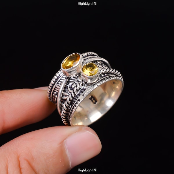 Anillo antiestrés de plata de ley 925 / Anillo con piedra preciosa de citrino / Anillo antiansiedad / Anillo de piedra doble / Anillo de meditación / Anillo de citrino hecho a mano