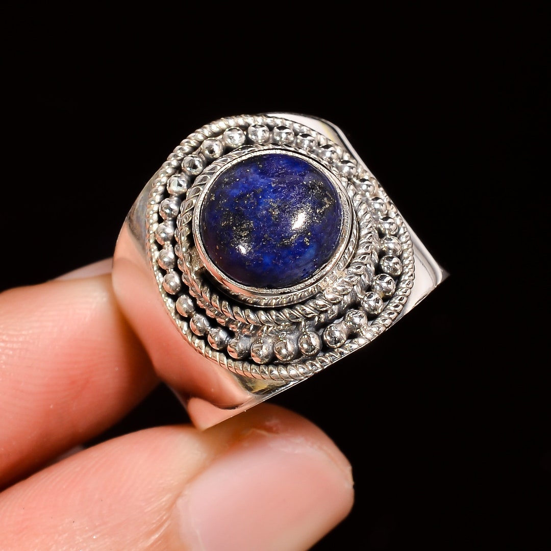 Lapis Lazuli Gemstone Ring 925 Sterling Silver Ring Wide Band Ring