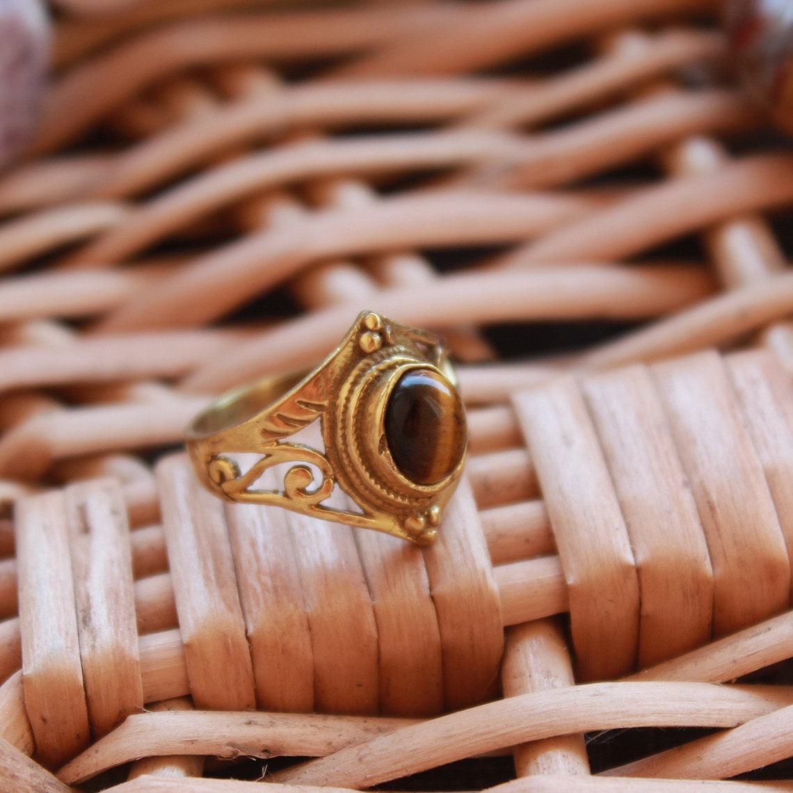 Tiger's Eye Ring in Antique Brass Real Gemstone Ring Etsy