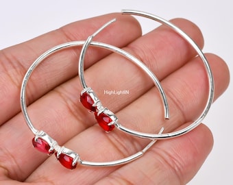925 Sterling Silver Earrings | Garnet Natural Gemstone Earrings  | Unique Design | Hoop Earrings | Handcrafted Earrings | Women's Earrings