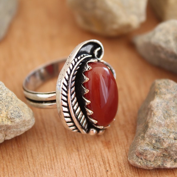 Red Coral Ring | 925 Sterling Silver Ring | Natural Coral Gemstone Ring | 925 Solid Sterling Silver Ring| Bohemian Hippie Ring| Ring For Her