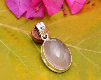 Natural Rose Quartz Pendant | 925 Sterling Silver Pendant | Oval Shaped Pendant | Pink Quartz Pendant | Solid Silver Pendant | Boho Pendant