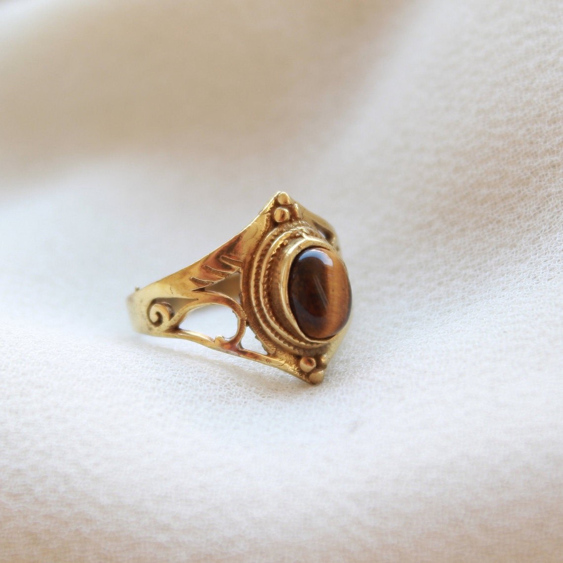 Tiger's Eye Ring in Antique Brass Real Gemstone Ring Etsy