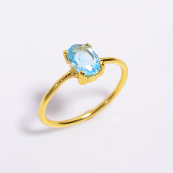 Natural Blue Topaz Gemstone Ring | 925 Sterling Silver | Dainty Ring | Gold Polished Ring | Women's Ring | Elegant Ring | Anniversary Gift