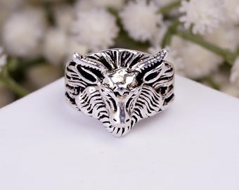 Oxidized Silver Ibex Ring Men, Goat Statement Ring, Boho Animal Signet Ring, Goth Viking Rings, German Silver Ram Ring, Gift For Him Husband