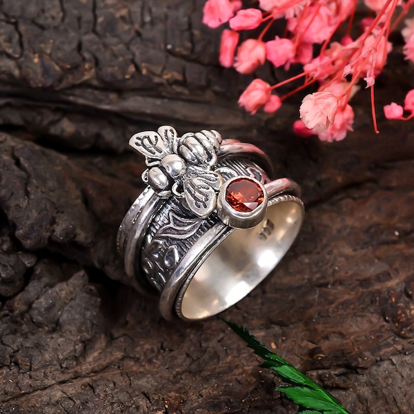 925 Sterling Silver Spinner Ring | Meditation Ring| Garnet Gemstone Fidget Ring| Anti-Anxiety Thumb Ring| Honey Bee Spinner Ring| Worry Ring