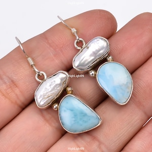 Natural Gemstone Silver Earrings | Larimar Silver Earrings |Elegant Larimar And Pearl Gemstone Earrings| Dangle Earrings |Minimalist Jewelry