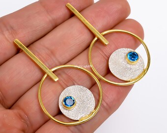 Pendientes de topacio azul / Pendientes de piedras preciosas naturales / Pendientes de plata de ley 925 / Pendientes de oro pulido / Pendientes de botón / Pendientes de mujer