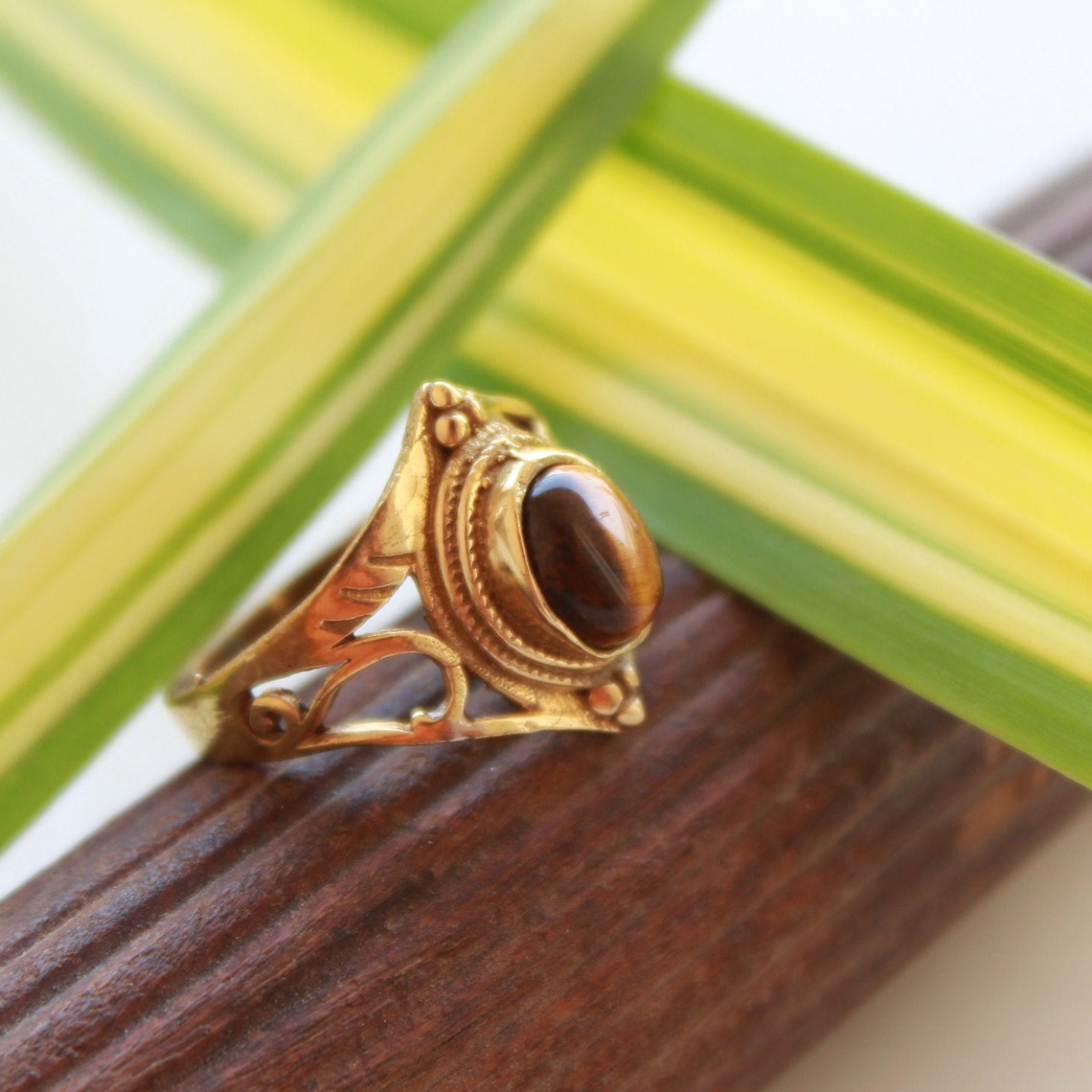 Tiger's Eye Ring in Antique Brass Real Gemstone Ring Etsy