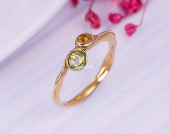 Peridot & Citrin Edelstein Ring | Zierlicher Ring | Eleganter Vergoldeter Ring | Boho Ring | 925 Sterling Silber