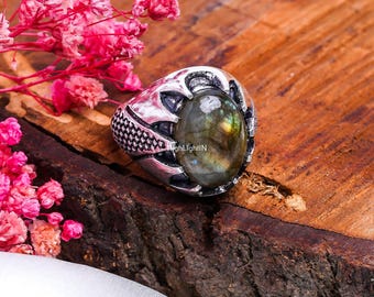 Natürlicher Labradorit Ring, Labradorit Edelstein Ring, Boho Statement Ring, Kristall Schmuck, handgemachter Silberring, Heilstein Geschenk für sie
