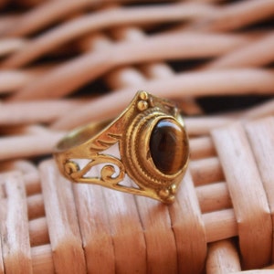 Tiger&#39;s Eye Ring in Antique Brass | Real Gemstone Ring | Handmade Ring | Ethnic Style Tiger Eye Brass Ring | Brass Ring | Gold Polished Ring