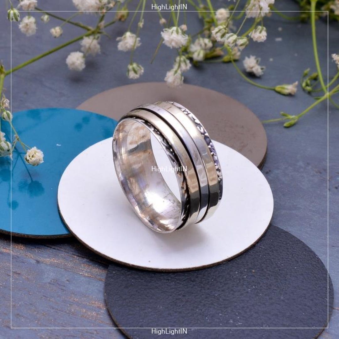925 Sterling Silver Spinner Ring | Dual Tone Fidget Ring | Meditation ...