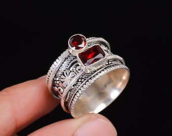 Natural Red Garnet Sterling Silver Spinner Ring | 925 Sterling Silver Spinner Ring| Garnet Gemstone Ring| Meditation Ring |Birthstone Fidget