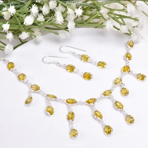 925 Sterling Silver Citrine Necklace | Natural Citrine Gemstone Necklace |925 Silver Necklace and Earrings | Ethnic Jewelry |Elegant Jewelry