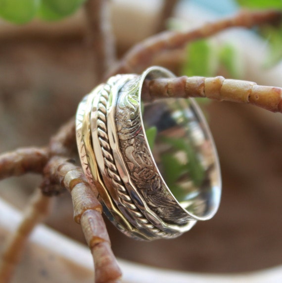 Anneau de pouce large bande Bague tournante en argent Bague agitee en argent Bague en argent sterling 925 pour femme Bague de meditation Bague tournante bicolore Etsy France
