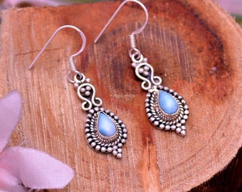 Natural Larimar Earrings | Vintage Jewelry | Natural Larimar Gemstone Silver Earrings | Handmade Women Wedding Earrings | Teardrop Larimar