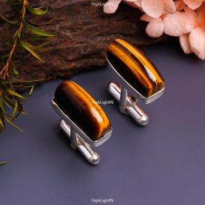 925 Sterling Silver Cuff Links | Gemstone Cuff Links | Handmade Cuff Links | Natural Tiger&#39;s Eye Gemstone |Solid Silver Cuff Links For Groom