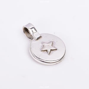 May include: Silver charm with a star design. The charm is round and has a loop for attaching to a bracelet or necklace.