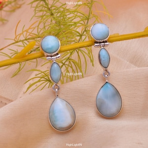 Natural Larimar Gemstone Silver Earrings | Handmade Silver  Earrings | Teardrop Larimar Earrings | Push Back Earrings |Solid Silver Earrings