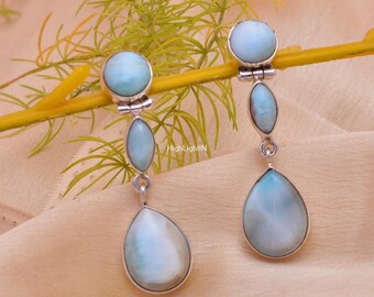 Natuurlijke larimar edelsteen zilveren oorbellen | Handgemaakte zilveren oorbellen | Druppelvormige Larimar-oorbellen | Push-back-oorbellen | Massief zilveren oorbellen
