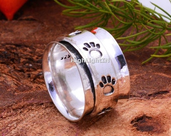 925 Sterling Silver Spinner Ring | Meditation Ring | Anti-Anxiety Ring | Paw Print Spinner Ring | Thumb Ring | Wide Band Ring | Gift For Her