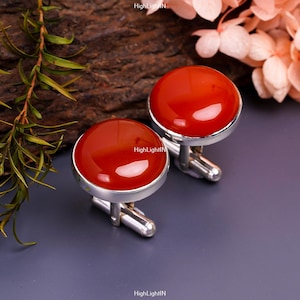 925 Sterling Silver Cuff Links | Gemstone Cuff Links | Handmade Cuff Links | Natural Carnelian Gemstone | Solid Silver Cuff Links For Groom