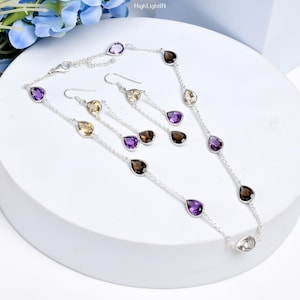 Multi Gemstone Jewelry Set | Amethyst, Citrine, Smokey Quartz Gemstone| 925 Sterling Silver| Elegant Earrings and Necklace Combo Jewelry Set
