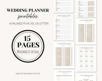 Puede incluir: Un planificador de bodas imprimible de 15 páginas, con un diseño minimalista. El planificador incluye listas de verificación para la fiesta de bodas, la lista de invitados y la luna de miel. Disponible en tamaños A4, A5 y US Letter.