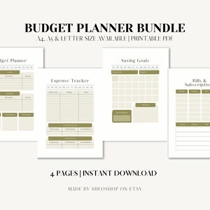May include: Printable budget planner bundle with four pages: Budget Planner, Saving Goals, Expense Tracker, and Bills & Subscriptions. The pages are in a beige and white color scheme with black text.