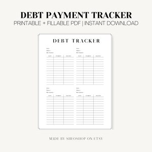May include: A printable debt tracker with four sections for tracking debt payments. Each section has columns for date, payment amount, interest, and balance. The title of the document is "Debt Tracker".