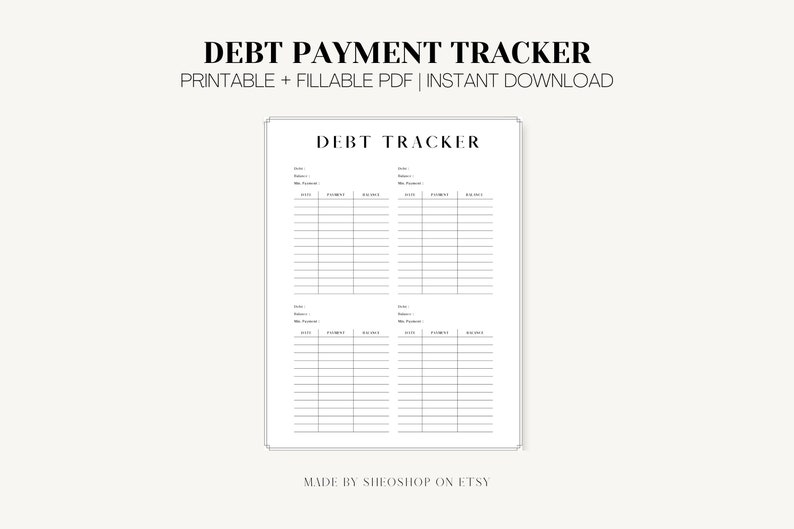 May include: A printable debt tracker with four sections for tracking debt payments. Each section has columns for date, payment amount, interest, and balance. The title of the document is "Debt Tracker".