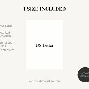 May include: A digital download listing for a printable US Letter size document. The listing includes information about instant download, editing, and printing. The text "1 SIZE INCLUDED" and "US Letter" are visible in the image.
