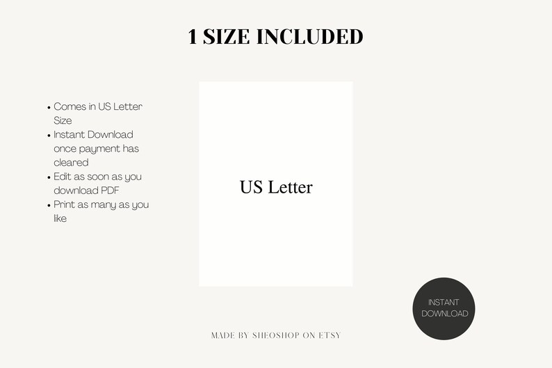 May include: A digital download listing for a printable US Letter size document. The listing includes information about instant download, editing, and printing. The text "1 SIZE INCLUDED" and "US Letter" are visible in the image.