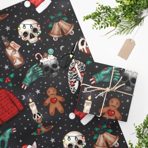 Spooky Wrapping Paper, Spooky Christmas Wrapping Paper, Skull Goth Christmas, Goth Christmas, Black Christmas Wrapping Paper
