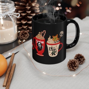 Christmas Horror 11oz Black Mug, Black Christmas Mug, Spooky Christmas Mug, Coffee Mug Gift, Horror Icon Christmas Coffee Mug