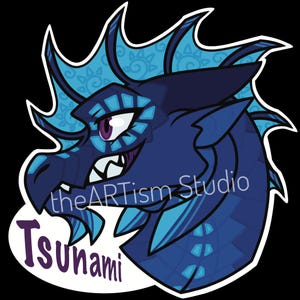 May include: A sticker featuring a blue dragon head with a white outline. The dragon has a fierce expression with purple eyes and sharp teeth. The text "Tsunami" is in a purple oval, and "theARTism Studio" is written on the image.