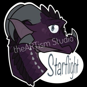 May include: A sticker featuring a stylized dragon head in shades of purple, gray, and black. The dragon has large eyes and horns, with the name "Starflight" in a speech bubble. The text "theARTism Studio" is also present.
