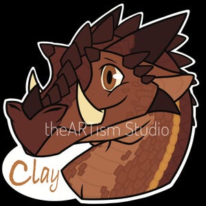 May include: A digital illustration of a brown dragon head with a friendly expression. The dragon has large, light brown eyes, tan tusks, and spiky brown features. The text "Clay" is in a brown oval, and "theARTism Studio" is also visible.